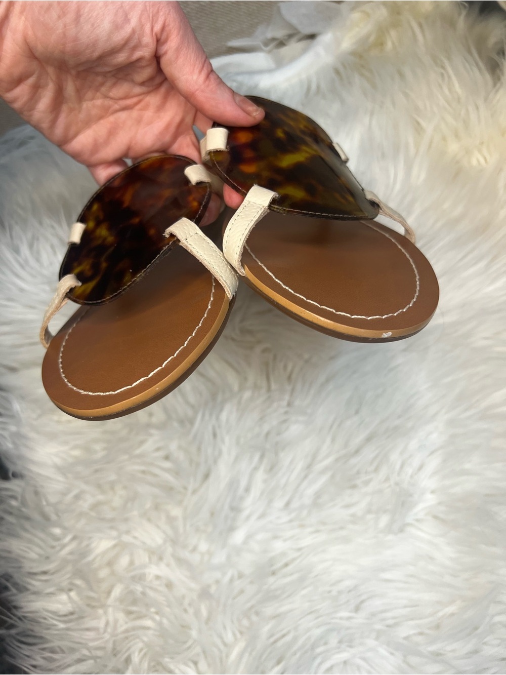 Frances Valentine Cream Strappy Sandals with Tortoiseshell Disc - Picture 7 of 10